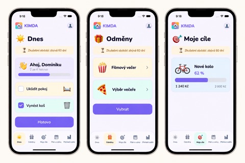 Kimda app preview: today’s tasks, the rewards catalogue and a savings goal for a new bike