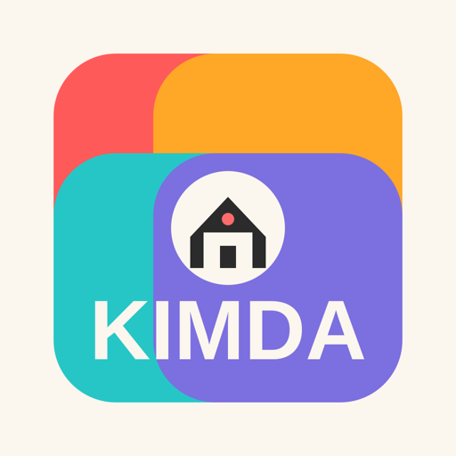 Kimda logo: four colourful shapes coming together to form a little house